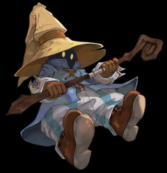absurdres aqua_pants black_background blue_coat boots brown_boots brown_gloves coat final_fantasy final_fantasy_ix gloves hat highres holding holding_staff lace-up lace-up_top pants simple_background staff striped_clothes striped_pants teaz917 vivi_ornitier white_pants white_sleeve_cuffs wizard_hat yellow_eyes