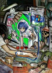 Rule 34 | 1boy, 1girl, 1other, absurdres, akiyama mio, aqua hair, arm rest, black hair, bliss (image), brand name imitation, breast mousepad, broken screen, cable, camisole, character request, cleavage cutout, clothing cutout, commentary request, controller, copyright request, cross, crossover, disembodied hand, doko demo issho, eraser, figure, food, french fries, fujitsu, green screen, hachune miku, hair ornament, hairclip, hat, hatsune miku, head rest, heart cutout, highres, holding, holding food, holding vegetable, hoshino ruri, ikuta41, indoors, inoue toro, intravenous drip, iv stand, k-on!, computer keyboard, kidou senkan nadesico, kill me baby, kill me dance, lamp, mcdonald&#039;s, media player interface, microsoft windows, mole, mole under eye, monitor, computer mouse, mousepad, nurse, nurse cap, original, out of frame, pink camisole, pink hair, pudding, red cross, remote control, school hat, sleeping, sleeping on desk, spring onion, surreal, textbook, thighhighs, through medium, through screen, tombow mono, vegetable, vocaloid, white thighhighs, windows logo