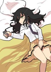 1girl absurdres bags_under_eyes bed between_legs black_hair blue_necktie blush breasts bright_pupils closed_mouth collared_shirt digital_media_player dress_shirt earbuds earphones feet_out_of_frame green_eyes hand_between_legs highres holding_digital_media_player indoors ipod kita_senju knees_together_feet_apart kuroki_tomoko long_hair long_sleeves looking_to_the_side lying medium_skirt messy_hair necktie on_back on_bed pillow pleated_skirt school_uniform shirt shirt_tucked_in single_sidelock skirt small_breasts solo straight_hair sweat watashi_ga_motenai_no_wa_dou_kangaetemo_omaera_ga_warui! wavy_mouth white_shirt yellow_skirt