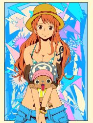 Rule 34 | 1boy, 1girl, antlers, bangle, bare shoulders, bikini, bikini top only, blue hat, blue nose, blue pants, bracelet, breasts, brown eyes, brown fur, cleavage, closed mouth, commentary, denim, green bikini, hat, highres, horns, jeans, jewelry, laika2slip, large breasts, log pose, long hair, looking at viewer, nami (one piece), one piece, open mouth, orange hair, outside border, pants, reindeer antlers, reindeer boy, shoulder tattoo, sidelocks, smile, straight-on, straw hat, swimsuit, symbol-only commentary, tattoo, tony tony chopper, wavy hair
