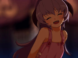1girl blurry closed_eyes commentary_request dark_background depth_of_field dress film_grain hanyuu head_tilt highres higurashi_no_naku_koro_ni higurashi_no_naku_koro_ni_gou horns long_hair open_mouth pink_dress poyadevil purple_hair smile solo