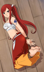 Rule 34 | 1girl, absurdres, angry, arm tattoo, armpit crease, ass, barefoot, bound, bound arms, bound legs, breasts, brown eyes, captured, collarbone, earrings, erza scarlet, eyelashes, fairy tail, feet, feet together, feet up, female focus, from above, full body, highres, japanese clothes, jewelry, large breasts, long hair, looking at viewer, looking up, lost one zero, midriff, nail polish, navel, neck, official alternate costume, own hands together, pants, parted lips, red hair, red nails, red toenail polish, rope, sarashi, sidelocks, soles, stomach, swept bangs, tattoo, toenail polish, toenails, toes, v-shaped eyebrows, wooden floor