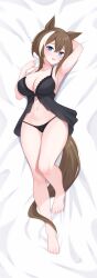 1girl absurdres arm_up armpits barefoot bed_sheet black_panties blue_eyes breasts brown_hair cheval_grand_(umamusume) cleavage commentary_request full_body hair_between_eyes highres horse_girl knee_up large_breasts lingerie lying medium_hair multicolored_hair navel negligee on_back open_mouth panties smile solo stomach streaked_hair thighs tsubame_tien umamusume underwear white_hair