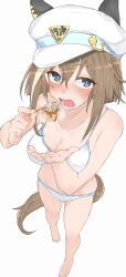 1girl absurdres animal_ear_headwear animal_ears bare_shoulders barefoot bikini blue_eyes blush breasts cleavage collarbone eating evelyn_chevalier fake_animal_ears food from_above groin hat hat_belt highres horse_ears horse_girl horse_tail medium_breasts multicolored_hair open_mouth short_hair simple_background solo standing steam streaked_hair sweatdrop swimsuit tail takoyaki toothpick umamusume wasabijoyu76 white_background white_bikini white_hat