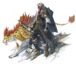 1boy 1other armor black_sash black_shirt blue_eyes boots brown_boots colored_skin cropped_jacket dragon_quest dragon_quest_x fingerless_gloves floating_clothes full_body fur_leg_warmers gloves grass great_sabrecat highres holding holding_sword holding_weapon horns jacket jewelry knee_pads leg_warmers leg_wrap ogre_(dq10) pauldrons pointy_ears profile raruomrice red_horns red_skin rimless_eyewear sash sharp_teeth shield shield_on_back shirt short_hair shoulder_armor shoulder_spikes silver_thighlet single_pauldron spikes spotted_fur sword tail teeth thighlet tinted_eyewear twitter_username weapon white_background white_hair white_jacket