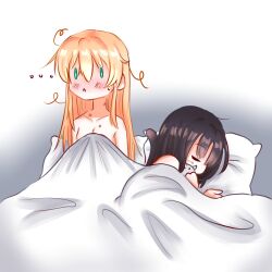 2girls aftersex asakura_karen_(heaven_burns_red) bad_link bed_sheet bite_mark black_hair blonde_hair breasts collarbone green_eyes heaven_burns_red highres hood long_hair multiple_girls pillow tail toujou_tsukasa tskrn yuri
