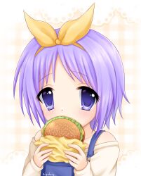 Rule 34 | 1girl, absurdres, artist name, bare shoulders, blue eyes, blue overalls, burger, covered mouth, food, hairband, highres, hiiragi tsukasa, holding, holding burger, holding food, kigidere, long sleeves, looking at viewer, lucky star, off-shoulder shirt, off shoulder, overalls, purple hair, shirt, short hair, solo, upper body, yellow hairband