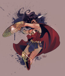 1girl artist_name black_hair blue_skirt boots cape circlet commentary_request dc_comics feet_out_of_frame highres holding holding_shield holding_sword holding_weapon korean_commentary long_hair red_cape shield skirt solo steelscarlet superhero_costume sword weapon wonder_woman wonder_woman_(series) wrist_guards