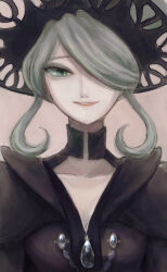 Rule 34 | 1girl, black dress, blue eyes, cogita (pokemon), cropped shoulders, dress, hat, highres, katari, looking at viewer, nintendo, pokemon, pokemon legends: arceus, portrait, solo, straight-on, white hair