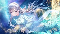 1girl center_frills collar corset dress earrings frilled_collar frills game_cg grey_hair idolmaster idolmaster_shiny_colors jewelry long_dress magic official_alternate_hairstyle official_art own_hands_clasped purple_eyes sky solo star_(sky) starry_sky water yukoku_kiriko