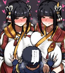 1boy 2girls age_difference breasts cleavage highres hinoa huge_breasts minoto monster_hunter_(series) monster_hunter_rise multiple_girls onee-shota shota translation_request