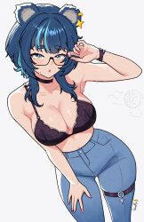 1girl absurdres animal_ears artist_name bear_ears bear_girl black_bra black_choker blue_eyes blue_hair blue_pants bra breasts choker cleavage collarbone denim earrings fujikura_uruka ginotty glasses hand_on_own_thigh highres jeans jewelry midriff multicolored_hair o-ring o-ring_thigh_strap pants phase_connect pink_nails solo streaked_hair sweat thigh_strap underwear virtual_youtuber