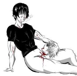 2boys black_hair blood blood_drip blood_on_arm blood_on_face blood_on_leg bottomless boyshort_panties clothes_lift corpse death decapitated_head decapitation ero_guro guro homophobia jujutsu_kaisen male_focus male_penetrated males multiple_boys muscular muscular_male necrophilia on_floor satoru_gojo shirt_lift sitting sketch sunglasses toji_fushiguro uncensored white_background white_hair yaoi