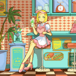 1girl artist_name blonde_hair cash_register cup dessert dress food green_eyes gumball_machine heart high_heels highres holding holding_cup indoors medium_hair original pink_dress pink_shoes pixel_art plant poster_(object) potted_plant shoes short_sleeves sitting smile stool tile_floor tiles waitress weighing_scale xiatian8