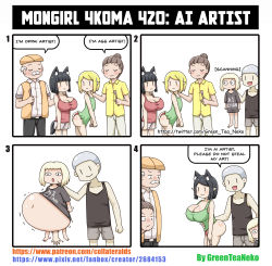 3boys 4girls 4koma absurdres ai-generated_art_(topic) bottomless breasts comic dress english_text facial_hair giving_birth greenteaneko grey_hair guro hair_bun highres large_breasts multiple_boys multiple_girls mustache original pregnant shirt vest