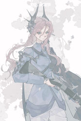 Rule 34 | 1girl, absurdres, black cape, blue jacket, cape, closed mouth, cowboy shot, flower, grey eyes, grey flower, grey hair, gun, h2 (xinjinjumin979826624648), hair ornament, highres, holding, holding gun, holding weapon, jacket, long hair, looking at viewer, military uniform, pale color, pants, ponytail, reverse:1999, rifle, sentinel (reverse:1999), side cape, solo, weapon, white background, white pants