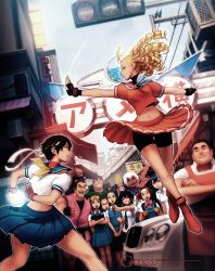 Rule 34 | 4boys, 6+girls, antenna hair, apron, ayuhara natsu, bad deviantart id, bad id, battle, bentley, bentley continental gt, big hair, bike shorts, black hair, blonde hair, blue sailor collar, capcom, car, company connection, crossover, dark skin, elena (street fighter), fingerless gloves, gloves, goggles, goggles on head, grin, hair slicked back, headband, hibiki dan, ibuki (street fighter), ishizaki, isurugi gan, justice gakuen, kanzuki karin, kasugano sakura, kurosawa sarai, long hair, makoto (street fighter), midriff, motor vehicle, multiple boys, multiple girls, narumi (street fighter), navel, necktie, omar dogan, pleated skirt, ringlets, sailor collar, school uniform, serafuku, shiritsu justice gakuen, short hair, short sleeves, skirt, smile, spiked hair, street fighter, thumbs up, very dark skin, wakaba hinata, white hair, yamada eiji