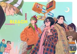 3girls 4boys abarai_renji belt black_hair black_pants black_robe black_shirt black_stripes bleach blonde_hair blue_coat blue_jacket blue_pants blue_sky breast_pocket brown_coat brown_jacket brown_pants brown_scarf building cellphone charm_(object) checkered_clothes checkered_coat checkered_pants checkered_scarf coat coffee collared_coat crescent_moon cup dark-skinned_female dark_skin disposable_coffee_cup disposable_cup earmuffs english_text facial_hair facial_tattoo gloves gradient_sky green_eyes green_hat green_hoodie green_pants green_sky green_stripes grey_eyes hair_between_eyes hair_ribbon hair_slicked_back hanakari_jinta hand_in_pocket hat high_ponytail highres holding holding_cup holding_phone hood hoodie jacket kuchiki_byakuya kuchiki_rukia long_hair looking_at_another looking_at_viewer moon multiple_boys multiple_girls orange_coat orange_shirt orange_stripes pants penginius phone pink_gloves pink_jacket pink_scarf pocket pointing pointing_at_self ponytail purple_eyes purple_hair red_hair red_stripes ribbon road_sign robe scarf shihouin_yoruichi shirt short_hair sidelocks sign signature sky smile socks spiked_hair star_(sky) striped_clothes striped_coat striped_hat striped_hoodie striped_jacket striped_scarf tattoo traffic_light trench_coat tsumugiya_ururu turtleneck turtleneck_shirt twintails urahara_kisuke white_socks white_stripes yellow_eyes yellow_ribbon yellow_shirt yellow_stripes