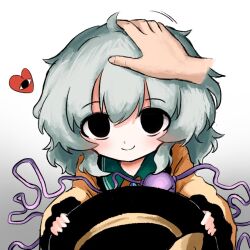 Rule 34 | 1girl, 1other, black eyes, black hat, blouse, eyeball, frilled shirt collar, frilled sleeves, frills, green hair, hand on another&#039;s head, hat, hat ribbon, headpat, heart, heripantomorrow, holding, holding unworn clothes, holding unworn hat, komeiji koishi, pov, pov hands, ribbon, shirt, smile, third eye, touhou, unworn hat, unworn headwear, yellow shirt
