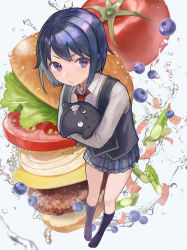 1girl :/ absurdres black_hair black_socks black_vest blueberry bread_bun burger cheese collared_shirt creature drooling food food-themed_background fruit grey_skirt hai_bokusha highres holding holding_creature lettuce long_sleeves looking_to_the_side meat necktie onion plaid_clothes plaid_skirt purple_eyes red_necktie school_girl_strikers shirt short_hair skirt socks solo sparkling_eyes standing sumihara_satoka tomato tomato_slice vest water white_shirt