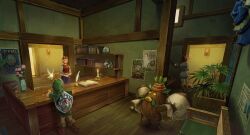 1boy 2girls absurdres anju_(zelda) blonde_hair book boots brown_footwear business_scrub candle carving chair commentary deku_scrub fairy fern flower glowing glowing_eyes green_headwear green_tunic hand_on_own_cheek hand_on_own_face hat highres hylian_shield indoors link looking_at_another mask multiple_girls nintendo nshi open_book plant pointy_ears poster_(object) rosa_sisters shield shield_on_back short_hair tatl the_legend_of_zelda the_legend_of_zelda:_majora&#039;s_mask tunic vase vest young_link