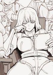 3girls brown_theme closed_mouth commentary english_commentary female_commander_(girls&#039;_frontline) girls&#039;_frontline girls&#039;_frontline_2:_exilium groza_(girls&#039;_frontline_2) highres hk416_(girls&#039;_frontline) holding holding_tablet_pc jacket klukai_(girls&#039;_frontline_2) long_hair medium_hair monochrome multiple_girls omiglop on_chair open_mouth ots-14_(girls&#039;_frontline) sitting solo_focus tablet_pc