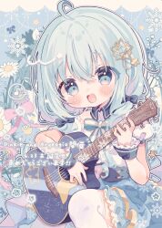 1girl :d blue_background blue_bow blue_bowtie blue_eyes blue_hair blue_skirt blush bow bowtie collared_shirt commentary_request contrast_collar feet_out_of_frame frilled_skirt frills guitar highres holding holding_guitar holding_instrument indie_virtual_youtuber instrument kamizakana_iriko long_hair looking_at_viewer mashiro_yuki_(vtuber) musical_note open_mouth outline over-kneehighs shirt short_sleeves sitting skirt smile solo spoken_musical_note striped_bow striped_bowtie striped_clothes thighhighs white_outline white_shirt white_thighhighs wrist_cuffs