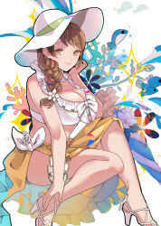 1girl absurdres bikini braid breasts brown_hair cleavage fire_emblem fire_emblem_engage fire_emblem_heroes flower goldmary_(fire_emblem) goldmary_(summer)_(fire_emblem) hat high_heel_sandals highres large_breasts long_hair looking_at_viewer navel nintendo official_alternate_costume sandals sarong smile solo sun_hat swimsuit white_bikini yachimata_1205 yellow_eyes yellow_sarong