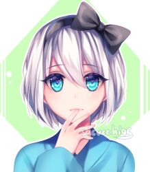 1girl artist_name black_hairband blue_eyes blue_shirt blush bob_cut border bow_hairband closed_mouth commentary commission double-parted_bangs english_commentary finger_to_mouth fingernails green_background hair_between_eyes hairband hand_on_own_chin hand_up heart heart-shaped_pupils highres light_smile lips long_sleeves looking_at_viewer original outline outside_border portrait purple_pupils sasucchi95 shirt short_hair simple_background solo straight-on symbol-shaped_pupils white_border white_hair white_outline