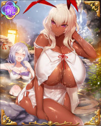 Rule 34 | 2girls, blonde hair, bottle, breasts, cleavage, curvy, dark-skinned female, dark skin, female focus, huge breasts, itou ittousai, itou ittousai (sengoku bushouki muramasa), long hair, multiple girls, navel, onsen, pale skin, parted lips, purple eyes, red eyes, sake bottle, sengoku bushouki muramasa, shiny skin, silver hair, skindentation, smile, solo, tan, underboob, weapon, wide hips