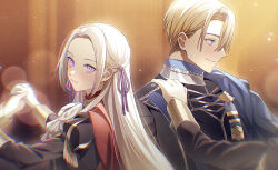 Rule 34 | 1boy, 1girl, 2others, blonde hair, blue cape, blue eyes, cape, closed mouth, dated commentary, dimitri alexandre blaiddyd, edelgard von hresvelg, fire emblem, fire emblem: three houses, forehead, garreg mach monastery uniform, gloves, hair ribbon, hand on another&#039;s shoulder, highres, holding hands, long hair, long sleeves, multiple others, nintendo, purple ribbon, red cape, ribbon, smile, soma otakuu, white gloves, white hair