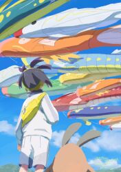 1boy 314pic absurdres bag black_hair blue_sky cloud day eelektrik eelektross from_behind gen_1_pokemon gen_2_pokemon gen_5_pokemon gyarados hairband highres jacket kieran_(pokemon) kodomo_no_hi long_sleeves magikarp male_focus nintendo outdoors pokemon pokemon_(creature) pokemon_sv purple_hair sentret short_hair shorts sky tynamo white_jacket white_shorts windsock yellow_bag yellow_hairband zipper_pull_tab