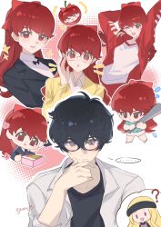 ... 1boy 2girls ? amamiya_ren aqua_shirt baseball_bat bento black-framed_eyewear black_eyes black_hair black_jacket black_shirt blush cardigan chibi collared_shirt eating glasses hair_between_eyes hand_on_own_chin hashtag-only_commentary highres holding holding_baseball_bat jacket long_hair long_sleeves looking_at_viewer mifune_chihaya multiple_girls open_clothes open_jacket persona persona_5 persona_5_the_royal ponytail red_eyes red_hair red_jacket school_uniform shirt short_hair shuujin_academy_school_uniform skirt tomato track_jacket twitter_username wavy_hair white_jacket white_shirt white_skirt yellow_cardigan yoshizawa_kasumi yun_(dl2n5c7kbh8ihcx)