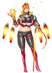 1girl aged_up boots breasts cigarette cinders cleavage_cutout clothing_cutout collared_jacket curvy drone fire fireball framed_breasts full_body gloves hair_ornament halterneck high_heel_boots high_heels highleg highleg_panties highres holding holding_sword holding_weapon huge_breasts jacket kamimura_maika kamimura_maika_(future) lilith-soft lips long_hair looking_at_viewer midriff navel orange_hair panties ponytail purple_eyes scar shiny_clothes shiny_skin sian simple_background skin_tight standing sword taimanin_(series) taimanin_rpgx underwear vambraces very_long_hair weapon white_background wide_hips