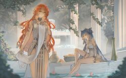 Rule 34 | 2girls, absurdres, agito (agitoishere), ahoge, ancient greek clothes, augusta (wuthering waves), bare legs, bare shoulders, blue eyes, blue hair, breasts, commentary request, dress, earrings, greco-roman clothes, head wreath, highres, iuno (wuthering waves), jewelry, large breasts, legs, long hair, multiple girls, orange eyes, orange hair, parted lips, pelvic curtain, signature, sitting, sun earrings, thigh strap, thighs, very long hair, white dress, wuthering waves