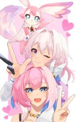 Rule 34 | 2girls, ;), blue eyes, commentary, cyrene (honkai: star rail), e e332, hair intakes, hair ornament, heart, highres, honkai: star rail, honkai (series), march 7th (honkai: star rail), march 7th (preservation) (honkai: star rail), medium hair, mem (honkai: star rail), multicolored eyes, multicolored hair, multiple girls, one eye closed, open mouth, pink fur, pink hair, pink pupils, smile, star-shaped pupils, star (symbol), symbol-only commentary, symbol-shaped pupils, tail, two-tone eyes, two-tone hair, v, white hair