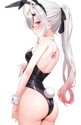 1girl alternate_costume animal_ear_hairband animal_ears ass back_tattoo backless_leotard bare_shoulders black_leotard breasts colored_tips commentary_request detached_collar fake_animal_ears hair_ribbon hairband high_ponytail highres hololive horns kotone_neruneru leotard long_hair looking_at_viewer median_furrow medium_breasts multicolored_hair nakiri_ayame oni playboy_bunny ponytail profile rabbit_ear_hairband rabbit_ears rabbit_tail red_eyes red_hair ribbon shoulder_blades sidelocks simple_background skin-covered_horns solo strapless strapless_leotard sweatdrop tail tattoo virtual_youtuber white_background white_hair white_wrist_cuffs wrist_cuffs