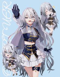 1girl :d absurdres black_gloves blue_eyes braid breasts deformed finger_gun ginopi gloves grey_hair heart heart_hands highres long_hair medium_breasts midriff mole mole_under_eye mole_under_mouth multiple_views nijisanji nijisanji_idol_uniform open_mouth reaching smile sophia_valentine thigh_strap virtual_youtuber