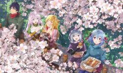 1boy 4girls ahoge anime_coloring belt black_hair blonde_hair blue_eyes blue_hair blush braid breasts cherry_blossoms cleavage closed_eyes closed_mouth collarbone corset cowboy_shot earrings eating elf falling_petals fingerless_gloves flower food gloves hair_between_eyes hanami hand_on_own_face holding holding_food jewelry large_breasts long_hair long_sleeves medium_hair multiple_girls open_mouth outdoors petals pink_flower pink_hair pink_petals pointy_ears purple_eyes red_(shin_no_nakama) red_corset red_scarf rit_(shin_no_nakama) ruti_ragnason scarf shin_no_nakama_janai_to_yuusha_no_party_wo_oidasareta_no_de_henkyou_de_slow_life_suru_koto_ni_shimashita short_hair sitting sleeves_rolled_up smile spring_(season) thighhighs thighs tisse_garland tree watanabe_ruriko white_gloves yarandrala