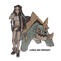 1girl absurdres alternate_skin_color armlet belly_chain blue_hair character_name commentary_request drednaw dynamax_band earclip earrings gen_8_pokemon gloves hand_up highres hoop_earrings ichi_kawa_ichi jewelry knees long_hair multicolored_hair navel nessa_(pokemon) nintendo pokemon pokemon_(creature) pokemon_swsh sandals shorts sidelocks simple_background single_glove sports_bra standing two-tone_hair white_background