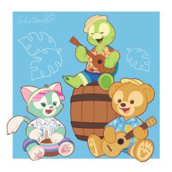 3boys animal_ears barrel cat_ears duffy duffy_and_friends duffy_the_disney_bear full_body gelatoni guitar highres holding instrument looking_at_viewer multiple_boys no_humans olu_mel open_mouth shirt simple_background sitting smile stuffed_animal stuffed_toy takatmaorange turtle turtle_boy