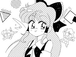 1990s_(style) 3girls ascot bare_shoulders bow greyscale hair_bow hair_tubes hakurei_reimu halftone highres kirisame_marisa komano_aunn long_hair looking_at_viewer miwijag1997 monochrome multiple_girls retro_artstyle screentones tongue tongue_out touhou