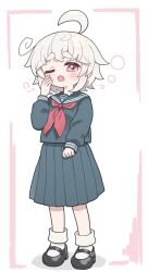 1girl ;o ahoge black_shoes blush commentary full_body green_sailor_collar green_serafuku green_shirt green_skirt hand_up highres kibisake long_sleeves looking_at_viewer mary_janes neckerchief one_eye_closed open_mouth original pink_eyes pleated_skirt red_neckerchief sailor_collar school_uniform serafuku shirt shoes short_hair skirt socks solo squeans standing tears thick_eyebrows torii_koyomi white_background white_hair white_socks yawning