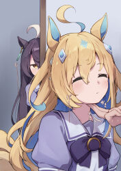 1other 2girls absurdres ahoge animal_ears black_hair blonde_hair blush bow closed_eyes commentary_request earrings facing_to_the_side hair_ornament hibiki_(zerocodo) highres horse_ears horse_girl jealous jewelry long_hair looking_at_another manhattan_cafe_(umamusume) multicolored_hair multiple_girls neo_universe_(umamusume) out_of_frame peeking peeking_out purple_bow school_uniform scratching_chin single_earring sound_effects sound_effects_only staring tracen_school_uniform two-tone_hair umamusume upper_body yellow_eyes yellow_tail