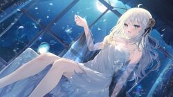 1girl :d ahoge black_ribbon blue_eyes breasts character_request cleavage commission dress dutch_angle floating_hair full_moon hair_ribbon horns indoors kurage_cc long_hair medium_breasts medium_dress moon night open_mouth petals ribbon sash sheep_horns sitting skeb_commission sleeveless sleeveless_dress smile solo virtual_youtuber white_dress white_hair