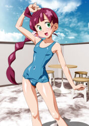 1girl :d arm_up blue_one-piece_swimsuit breasts carinae chloe_(pokemon) cloud commentary_request covered_navel day eyelashes flower green_eyes hair_flower hair_ornament happy highres knees long_hair nintendo one-piece_swimsuit open_mouth outdoors pink_flower pokemon pokemon_(anime) pokemon_journeys sky smile solo standing stool swimsuit table tongue