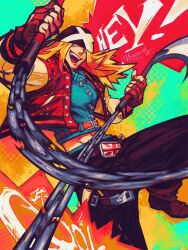 Rule 34 | 1boy, aqua background, axl low, bandana, black bandana, black pants, blonde hair, blue eyes, blue shirt, boots, brown boots, colorful background, commentary, cowboy shot, english commentary, english text, fingerless gloves, foreshortening, gloves, guilty gear, guilty gear strive, highres, holding sickle, incoming attack, jacket, kama (weapon), kusarigama, letterman jacket, long hair, looking at viewer, maddestmao, midriff, open clothes, open jacket, open mouth, orange background, pants, plaid clothes, plaid jacket, red gloves, red jacket, shirt, sickle, smile, solo, teeth, tongue, union jack, upper teeth only, weapon, zipper pull tab
