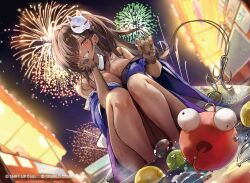 1girl aerial_fireworks breasts brown_hair bubble commentary_request dark-skinned_female dark_skin fireworks fox_mask goddess_of_victory:_nikke highres japanese_clothes kimono korean_commentary large_breasts long_hair looking_at_viewer mask mask_on_head mell_(dmwe3537) naga_(last_girlhood)_(nikke) naga_(nikke) night night_sky official_alternate_costume official_art orange_eyes outdoors purple_kimono sitting sky smile solo thighs