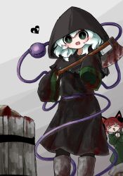 Rule 34 | 2girls, animal ears, axe, black bow, black cloak, blood, blood on clothes, bow, braid, cat ears, cloak, dress, eyeball, green dress, green eyes, green hair, hair bow, heart, heripantomorrow, holding, holding axe, hood, hood up, hooded cloak, kaenbyou rin, komeiji koishi, multiple girls, red hair, smile, third eye, touhou, twin braids, wide sleeves