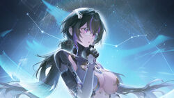 1girl :o absurdres arm_pouch armpit_crease black_gloves black_hair bodysuit breasts cleavage commentary english_commentary floating_hair glasses gloves grey_bodysuit hair_between_eyes hair_ornament highres large_breasts long_hair low_twintails mole mole_under_each_eye mole_under_eye multicolored_hair multiple_moles official_art official_wallpaper open_mouth over-rim_eyewear purple_eyes purple_hair revealing_clothes round_eyewear semi-rimless_eyewear sidelocks snowbreak:_containment_zone solo standing streaked_hair thinking twintails two-tone_hair upper_body vidya_shannon